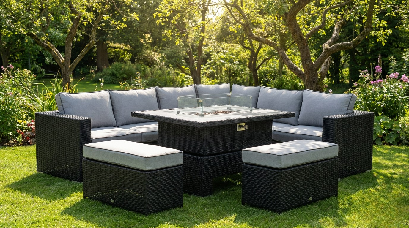THE BLOSSOM 🌿 6 PCS OUTDOOR RATTAN DINING SET BLACK - FIREPIT RISE AND FALL TABLE