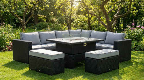 THE BLOSSOM 🌿 6 PCS OUTDOOR RATTAN DINING SET BLACK - FIREPIT RISE AND FALL TABLE