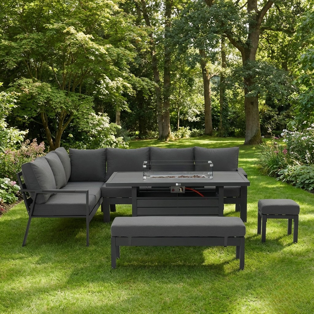 THE IVY 🌿 5 PC ALUMINUM CORNER DINING SET BLACK - FIREPIT TABLE