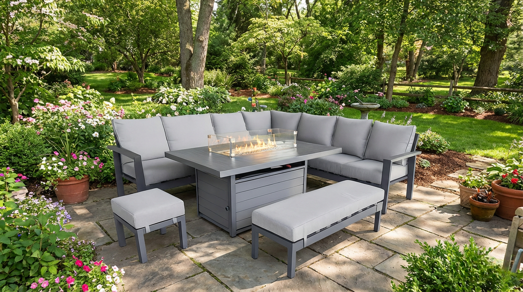 THE MEADOW 🌿 5 PCS ALUMINUM DINING SET LIGHT GREY - FIREPIT TABLE