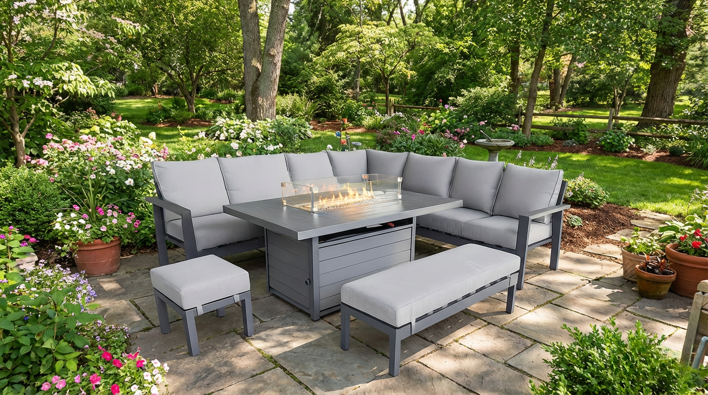 THE MEADOW 🌿 5 PCS ALUMINUM DINING SET LIGHT GREY - FIREPIT TABLE