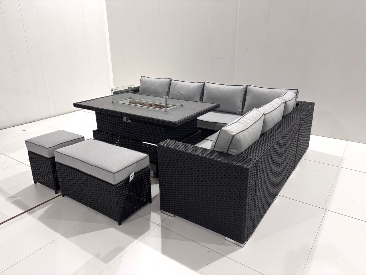 THE BLOSSOM 🌿 6 PCS OUTDOOR RATTAN DINING SET BLACK - FIREPIT RISE AND FALL TABLE