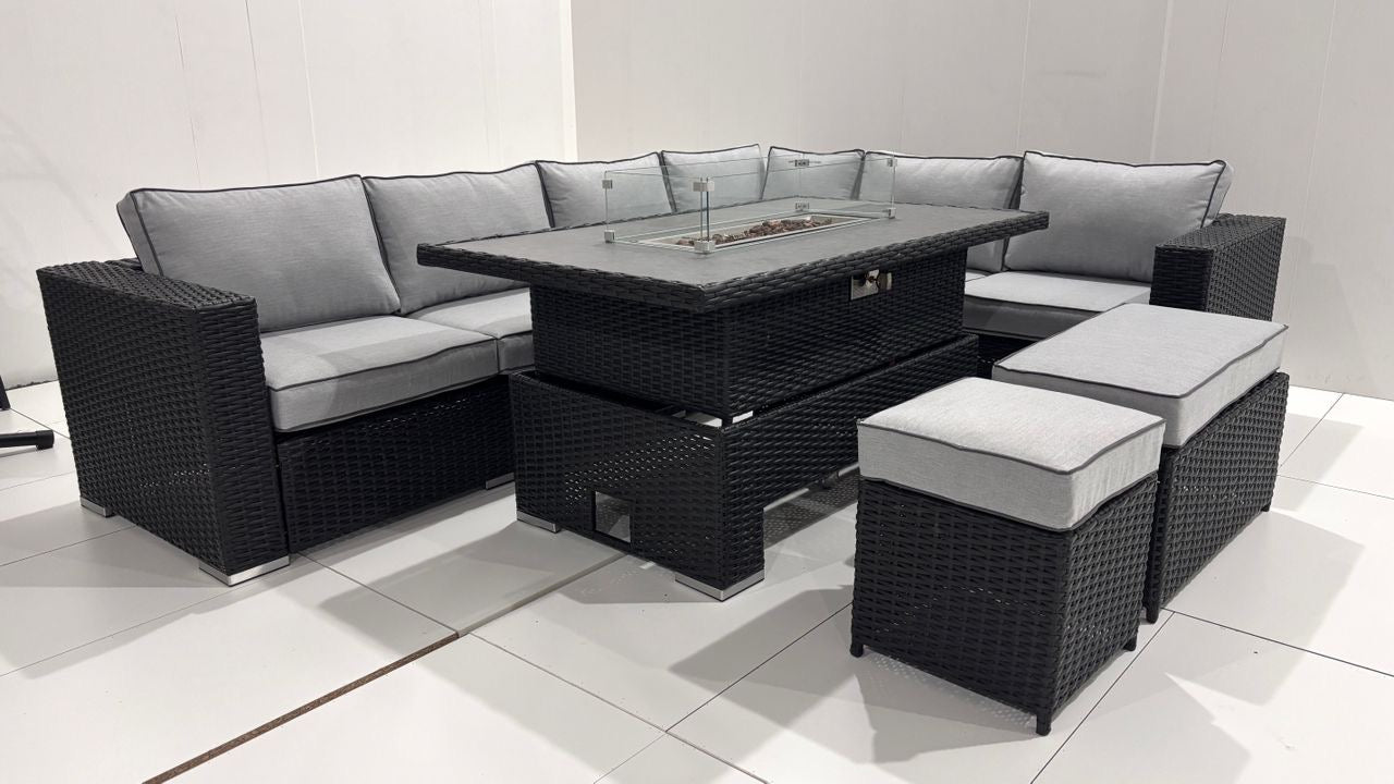 THE BLOSSOM 🌿 6 PCS OUTDOOR RATTAN DINING SET BLACK - FIREPIT RISE AND FALL TABLE